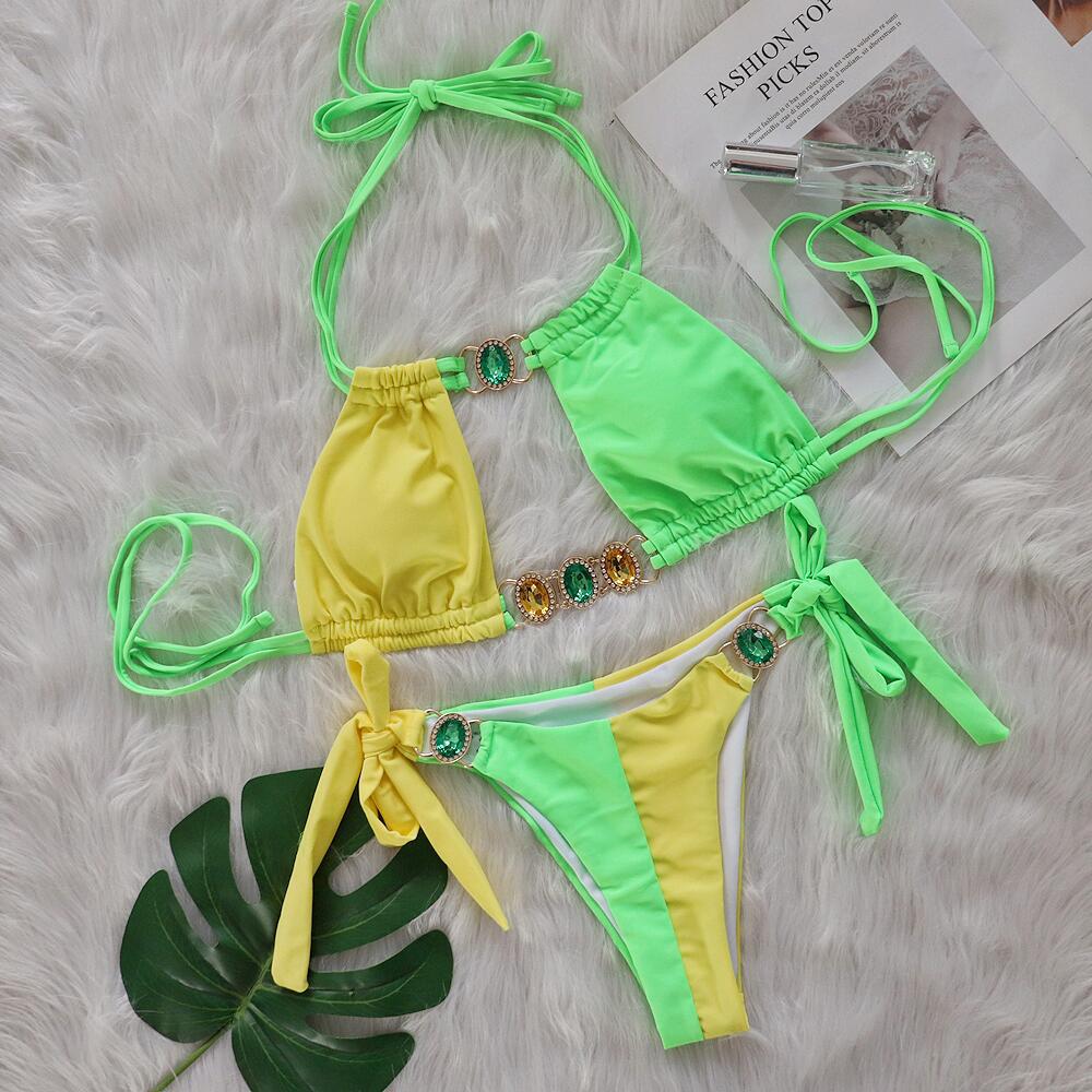 Baizi 2026 New Crystal Diamond Bikini European and American Sexy Patchwork Tie-Up Women's Two-Piece Swimsuit in Stock from the Manufacturer