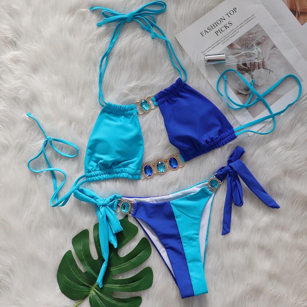 Baizi 2026 New Crystal Diamond Bikini European and American Sexy Patchwork Tie-Up Women's Two-Piece Swimsuit in Stock from the Manufacturer