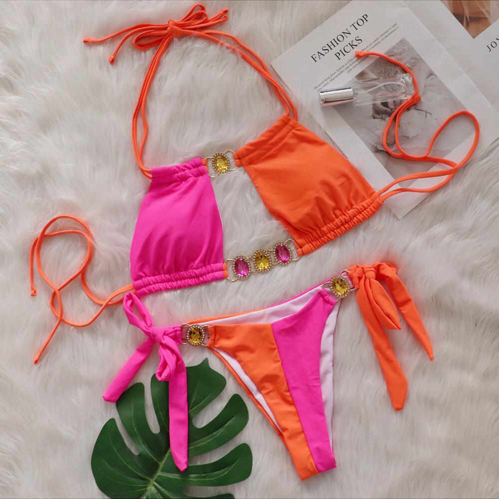 Baizi 2026 New Crystal Diamond Bikini European and American Sexy Patchwork Tie-Up Women's Two-Piece Swimsuit in Stock from the Manufacturer