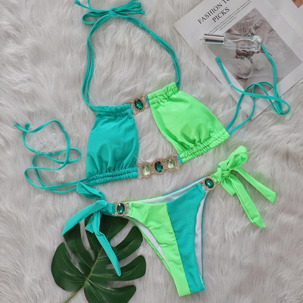 Baizi 2026 New Crystal Diamond Bikini European and American Sexy Patchwork Tie-Up Women's Two-Piece Swimsuit in Stock from the Manufacturer