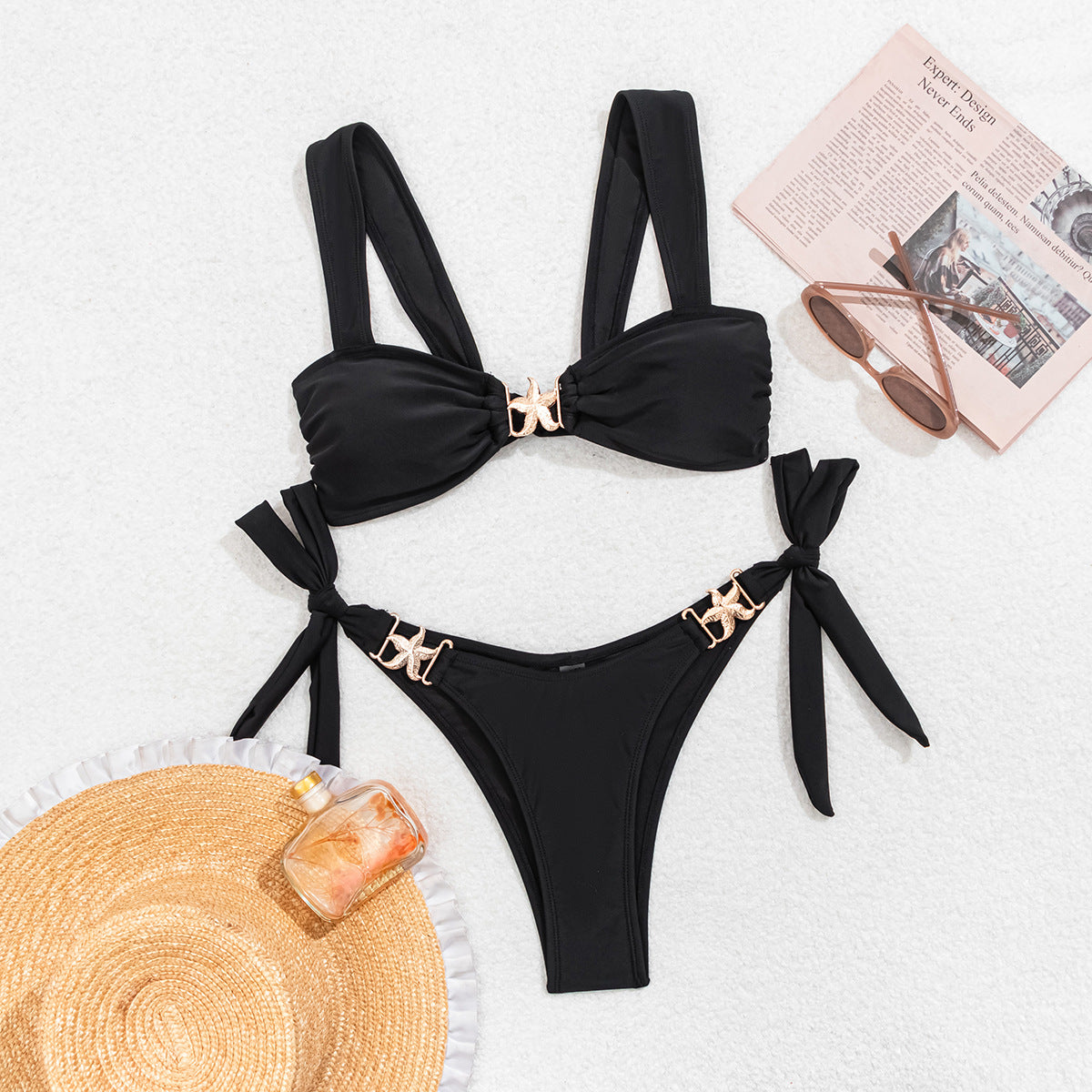 2025 New European and American Cross-border Bikini Solid Color Wide Shoulder Strap Lace-up Sexy Bikini Split Swimsuit for Women