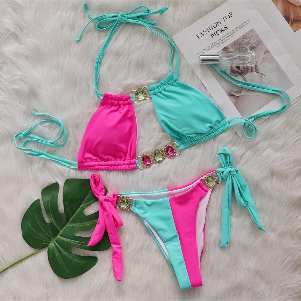 Baizi 2026 New Crystal Diamond Bikini European and American Sexy Patchwork Tie-Up Women's Two-Piece Swimsuit in Stock from the Manufacturer